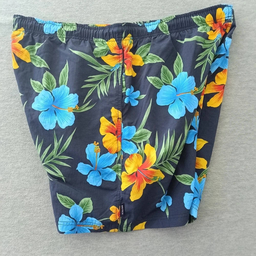Nautica Mens XL Swim Trunks Navy Blue Tropical Hibiscus Floral Mesh Lined